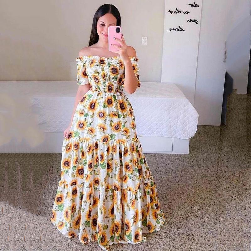 2025 Cross-Border New off-Shoulder Floral off-Shoulder Long Print Dress Women's Fashion Gradient Color Long Skirt