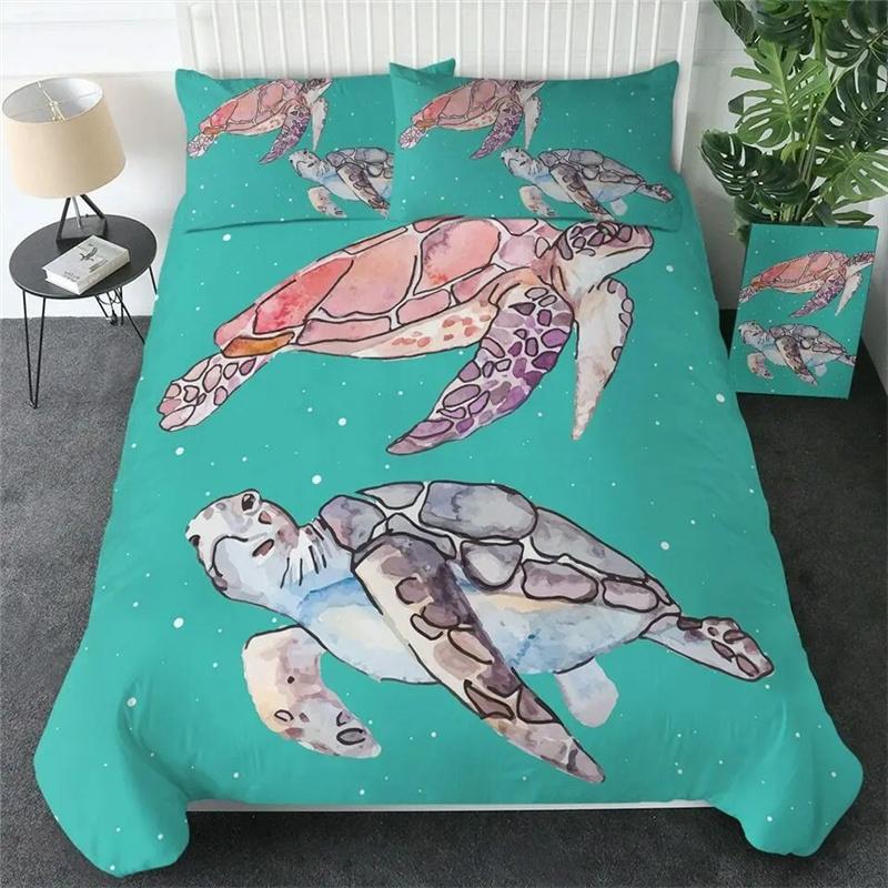 Sea Turtle Bedding Ocean Duvet Cover Set Teal Mediterranean Style Marine Themed Ocean Polyester Bedding Set Queen King Twin Size