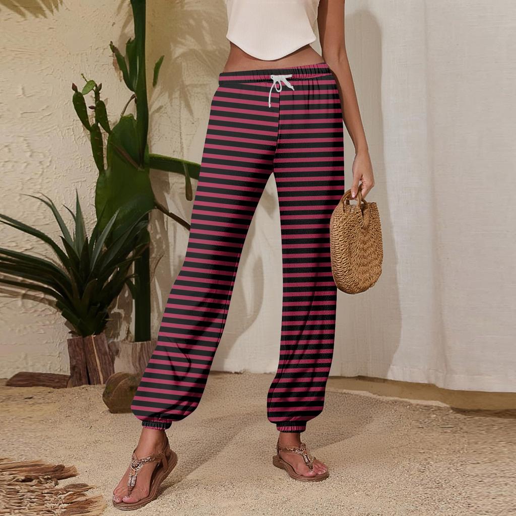 Women's Casual Striped Sweatpants with Drawstring Elastic Waist and Cuffed Hem