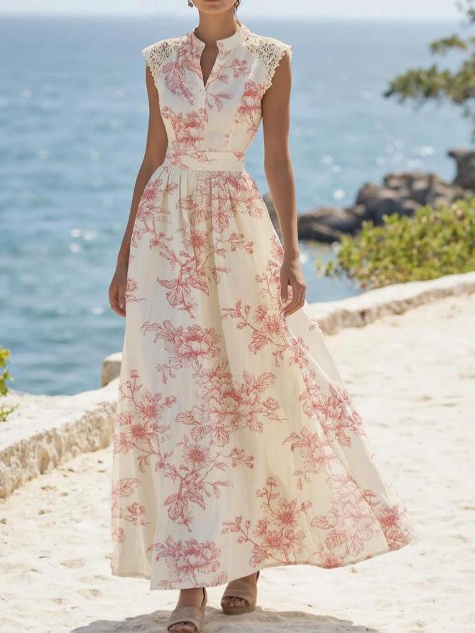 Elegant Lace Patchwork Floral Dress with Short Sleeves