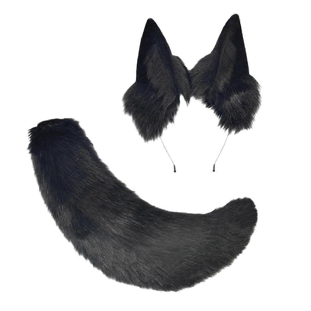 Handmade Plush Cats Ears Headbands Fauxs Furs Tail for Halloween Cosplay Party Costumes Accessories for Kids Adult Black-Good