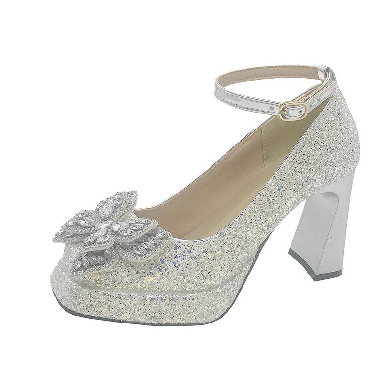 French crystal sequined silver high heels women's new bow bridal wedding dress Xiuhe wedding shoes