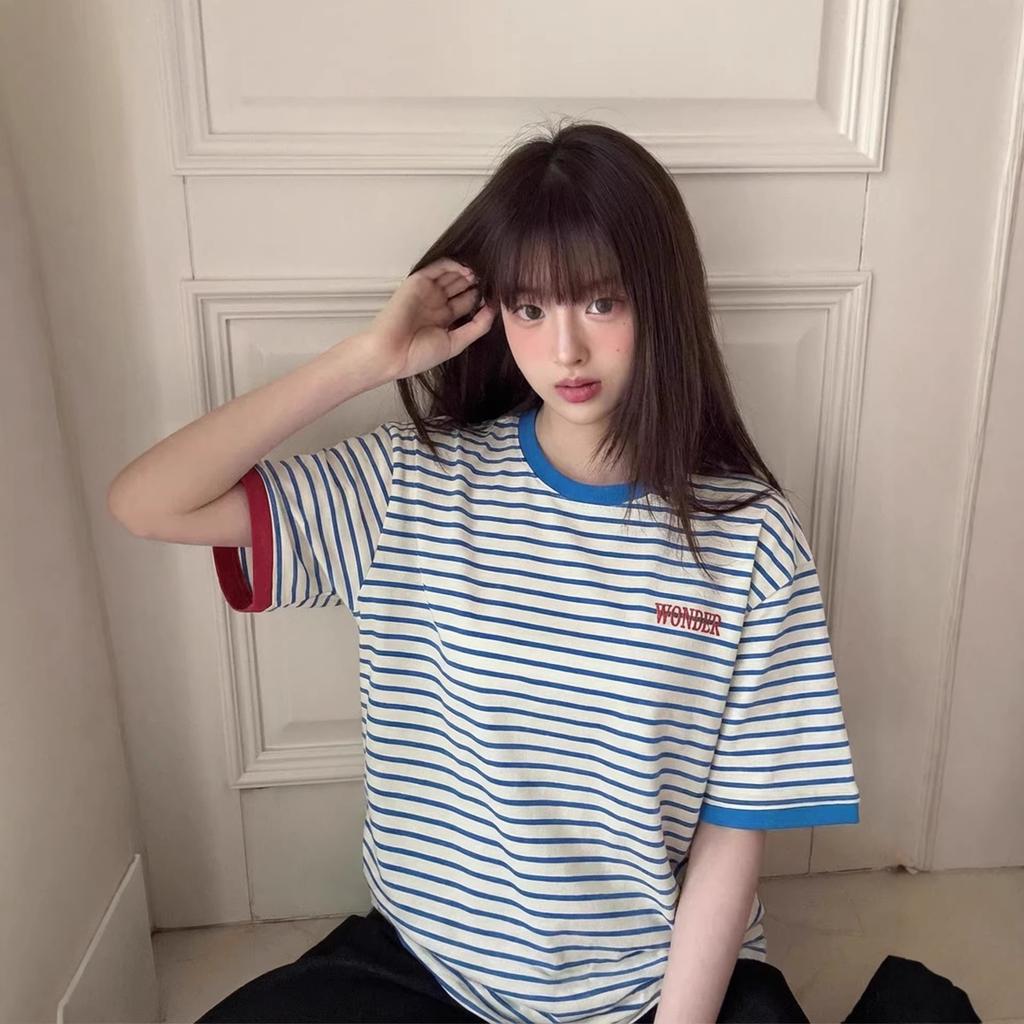 Striped contrasting color short-sleeved t-shirt women's summer loose casual crew neck versatile American retro half-sleeved top lazy style