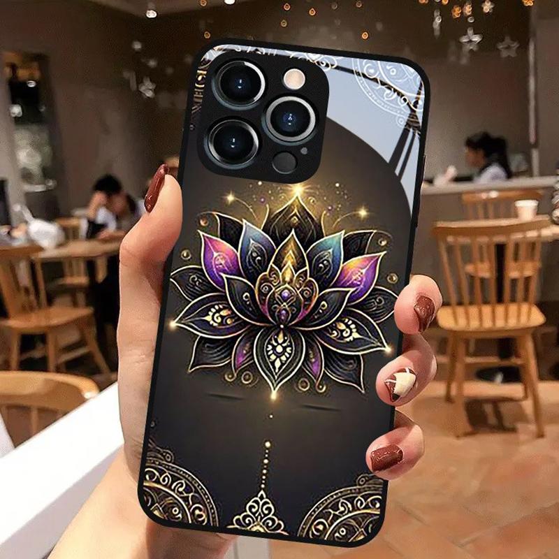 Golden Lotus Flower Pattern Tempered Glass Black Phone Case For Samsung Galaxy S25 S24 S23 Ultra Plus FE Shockproof Cover
