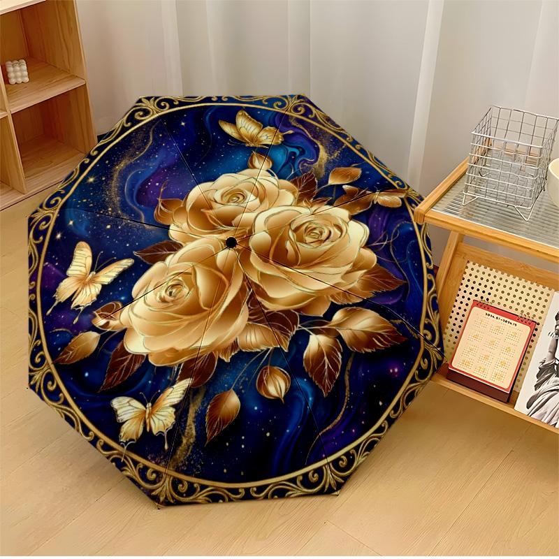 

Golden Roses Mandala 2 Theme Automatic Umbrella Compact 8-Rib Design Sturdy Construction Durable Umbrella Stylish Accessory