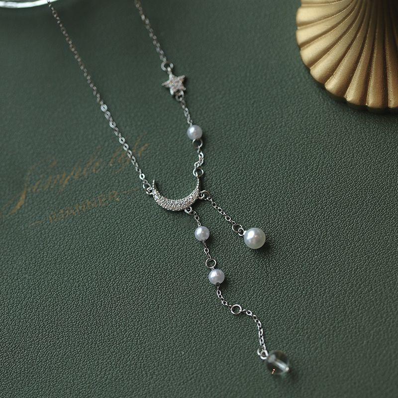 New 925 Silver Star Moon Necklace Pearl Tassel Collarbone Chain Sparkling Zircon Pendant Wedding Jewelry Accessories