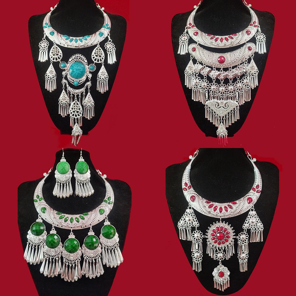 Landie Ethnic Style Exaggerated Miao Silver Large Collar Miao Silver Characteristic Gem Collar Miao Dance Jewelry Women's Necklace