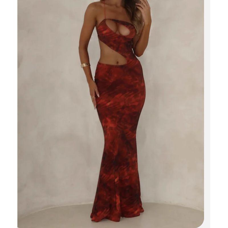 

Export Single 2025 Sexy Sexy Low-Cut One Shoulder Diagonal Collar Niche Personality Fashion Midriff Outfit Nightclub Fishtail Dress Red L