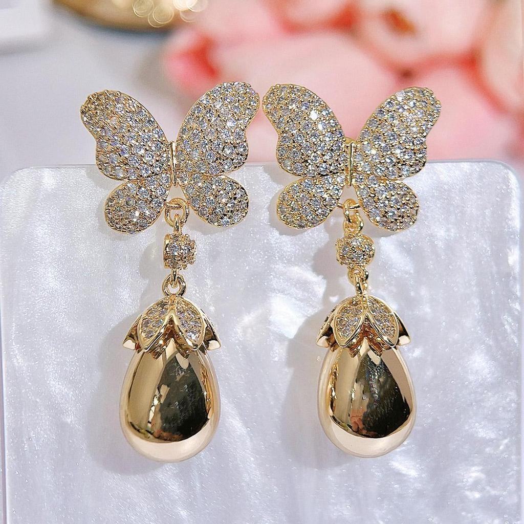 CMM Palace Style Hollow Design Zircon Butterfly Water Drop Artificial Pearl Pendant Earrings Wild Bride Wedding Party Accessories