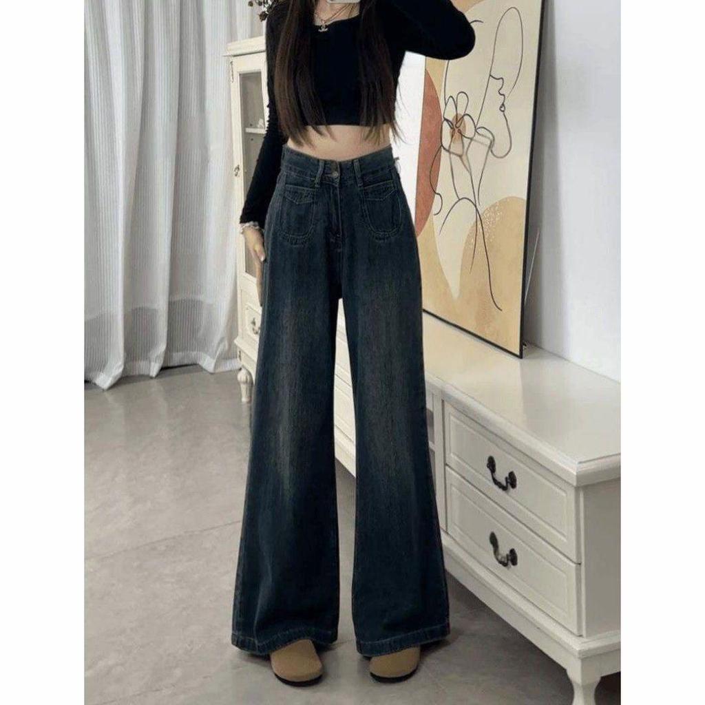 Damskie dżinsy z szerokimi nogawkami: Wyściełany aksamitem, z wysokim stanem, plus size, wyszczuplający, luźny, do podłogi - Jesień/Zima 2024.