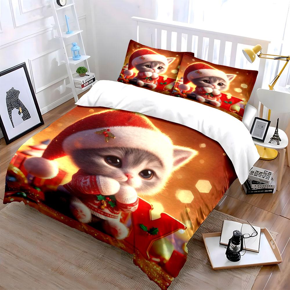 Cute Christmas Kitty Holiday Design Bedding Duvet Cover Set (1*Duvet Cover 2*Pillowcases, Without Duvet Insert)