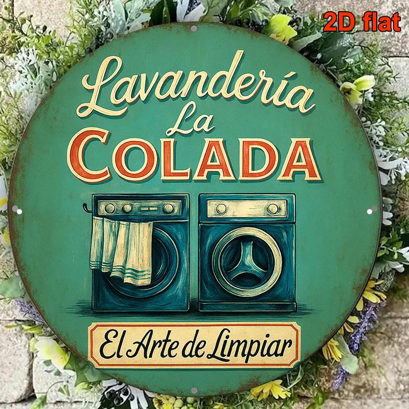 D Flat pc Vintage Spanish Laundry SignRound Retro Laundromat Wall Decor withLa Lavandera La ColadaEl Arte de Limpiar 20x20cm(8x8inch)