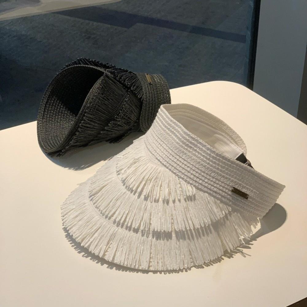 Tassel Sun Hat Wide Brim Empty Top Sun Hat Fashion Straw Hat  Women's