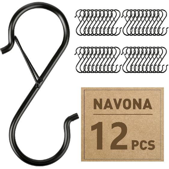 12 Pcs S Hooks for Hanging Heavy Duty, 3.5-inch Heavy Duty Metal S Hook with Safety Buckle, Suitable for 0.5 inch Rods, S Hook for Hanging Plants, 12PCS