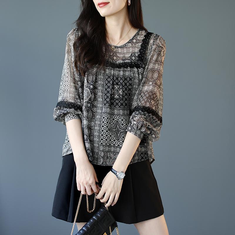 Thin Lace Patchwork Printed Chiffon Shirt for Women Long Sleeved Top Loose Spring T-shirt