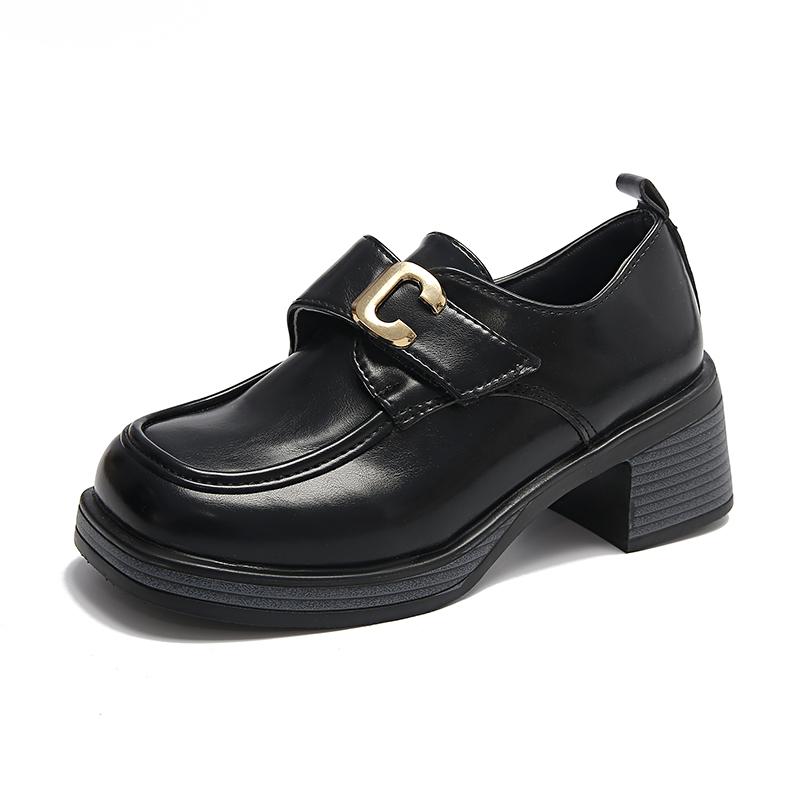 2024 Spring and Autumn Fashionable Women's High Heels High Quality Solid Color Square Toe Metal Decorated Thick Heel Loafers