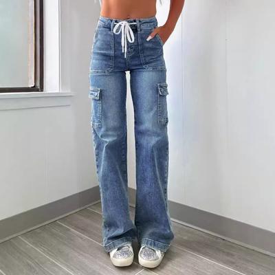 Jeans Cargo a Vita Media da Donna Pantaloni Denim Gamba Dritta Larga con 6 Tasche Jeans Casual Ampi ad Alto Stretch