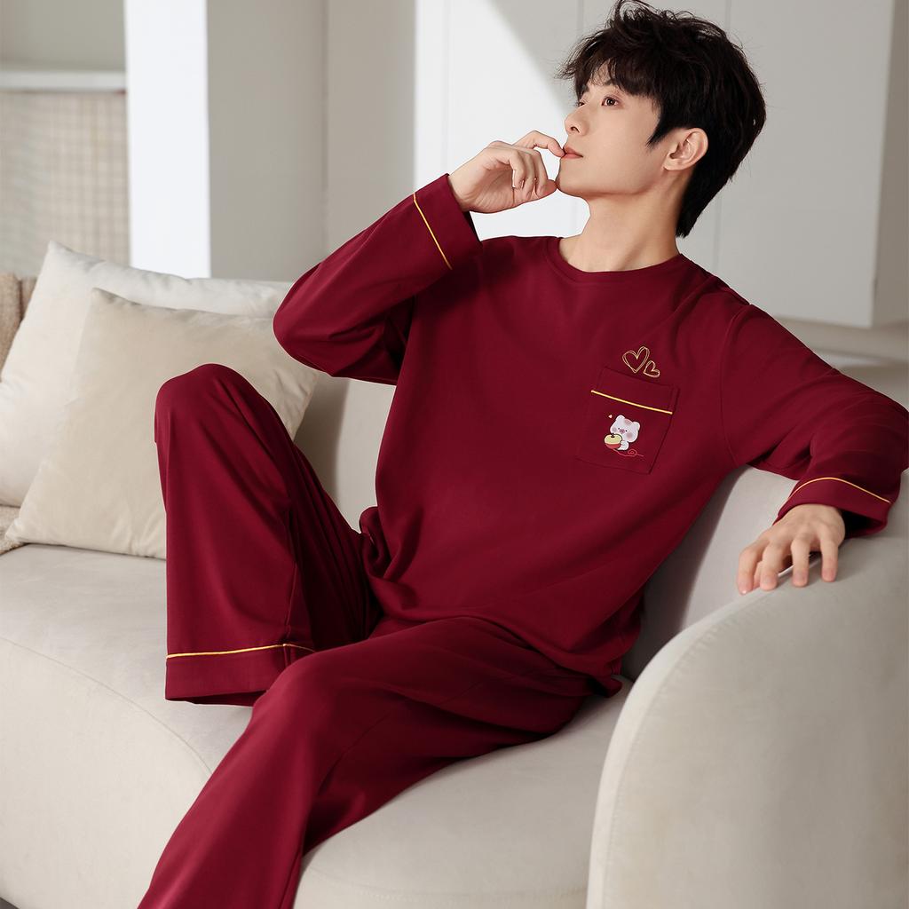 Couple Pajamas Pure Cotton Long-sleeved Natal Year Red Wedding Festive New Wedding Large Size Cartoon Loose Loungewear Two-piece Set