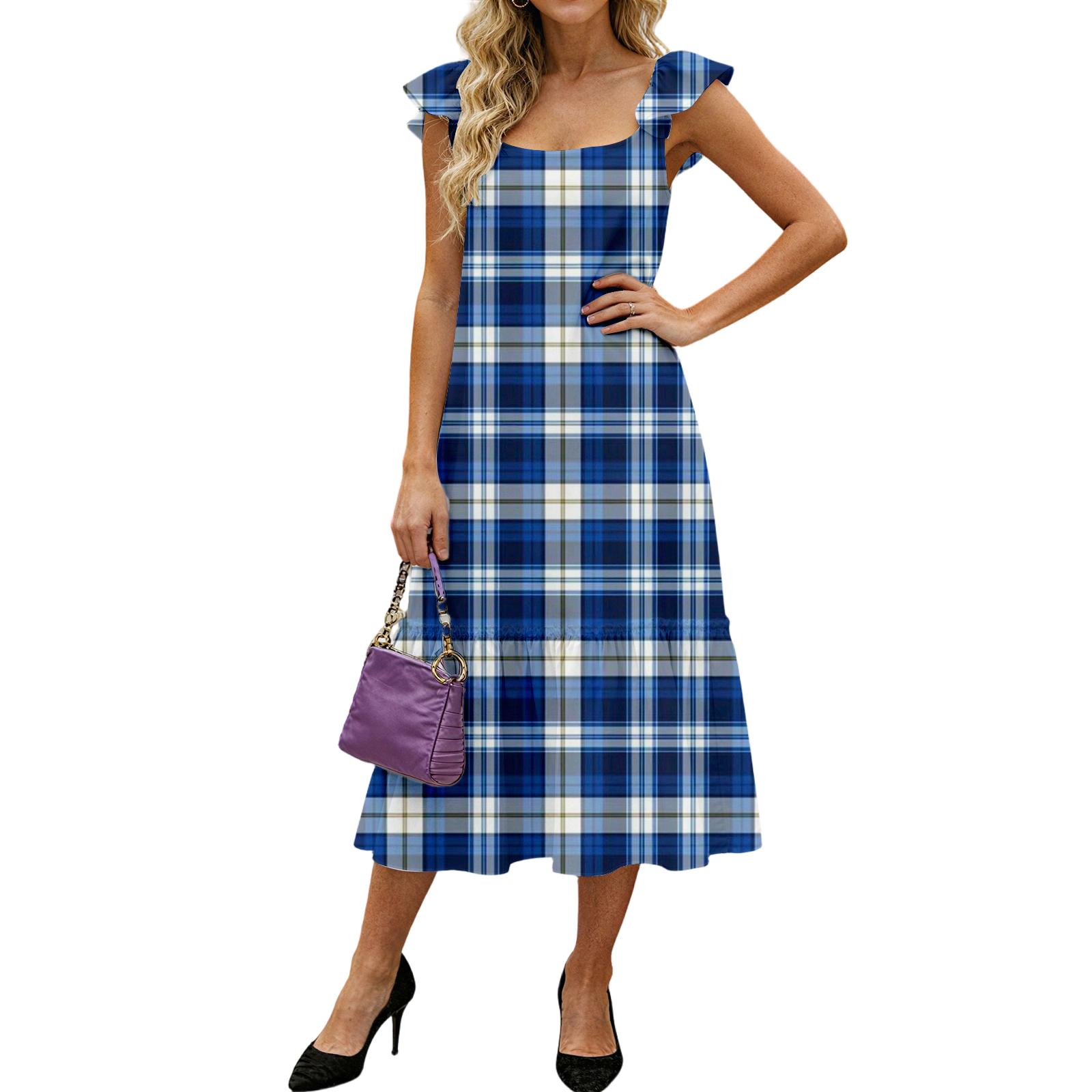 

Женское модное свободное платье средней длины в клетку с рюшами и летящими рукавами L синий