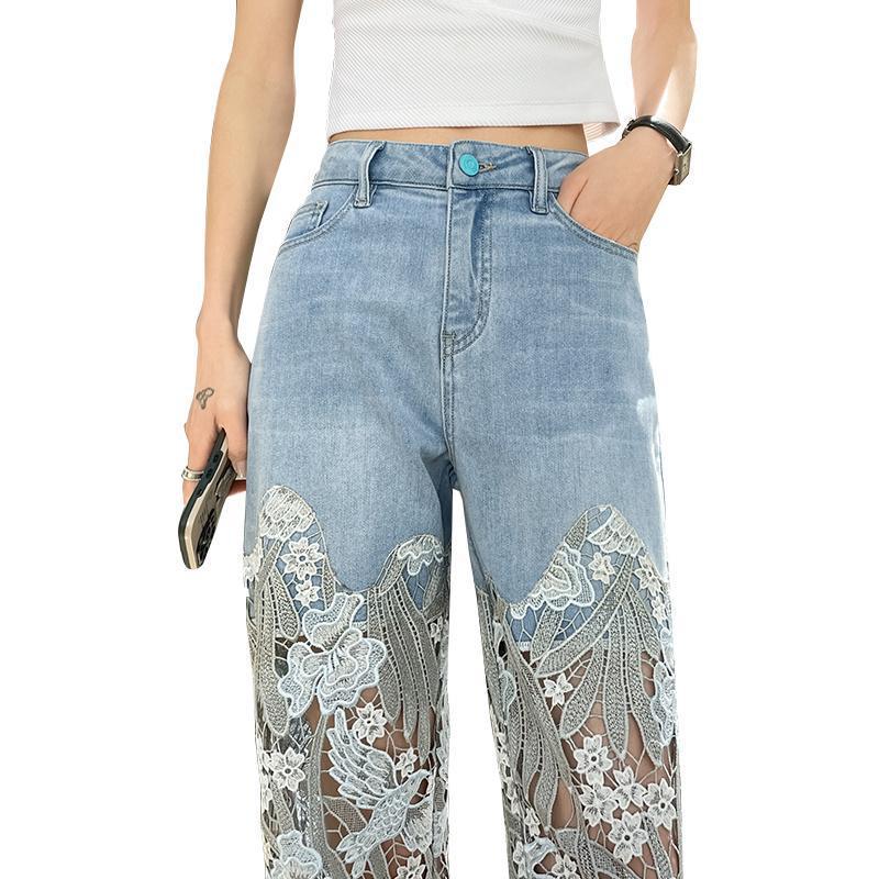 Women's Retro Lace Patchwork Straight-Leg Jeans - Slimming, Casual, Cross-Border Design Style.