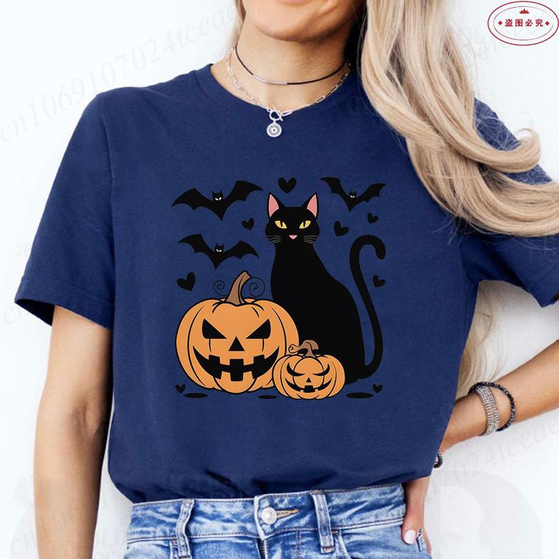 Black Cat Halloween Print Unisexs Summer Tshirt Casual Clothing Oversized Y2k Personality Short Sleeve Tops Spooky Season Tees