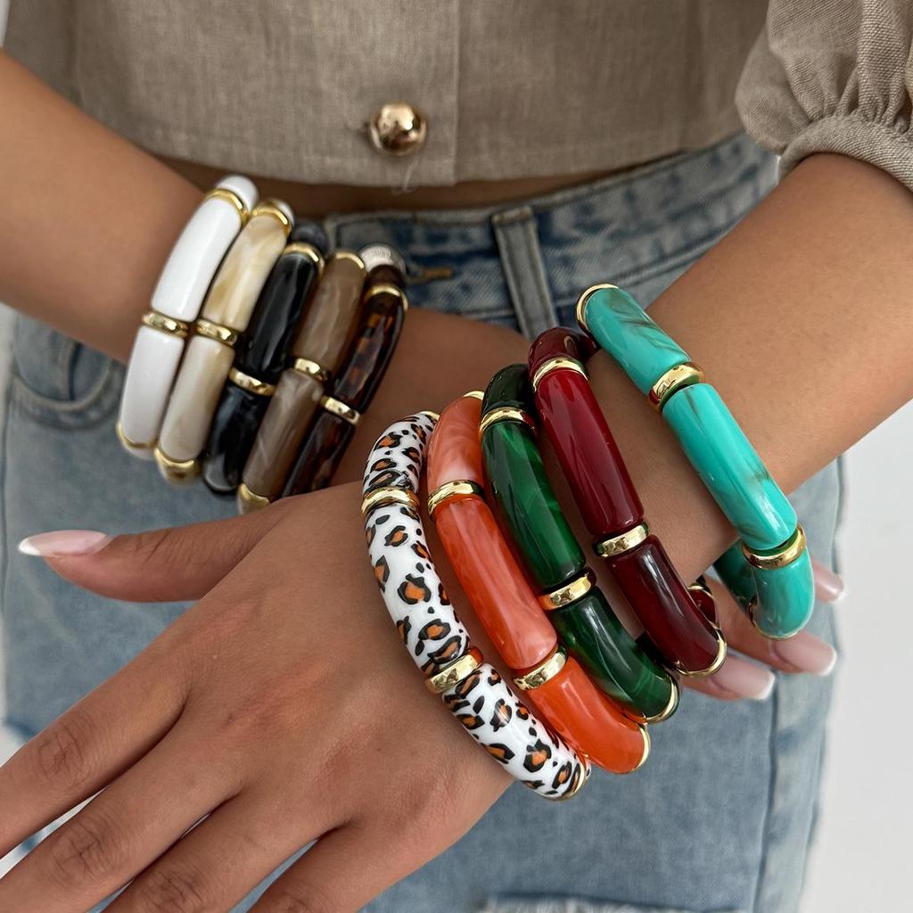 Retro Marbled Acrylic Geometric Bracelet - Leopard Print & Bamboo Bent Tube Design