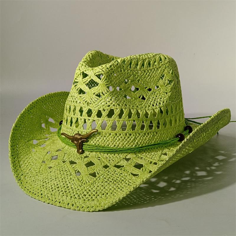 Vintage Summer Beach Bohemian Straw Hat Shell Women Men Western Cowboy Hats Wooden Beads Hollow Out Sun Hat Holiday Cap