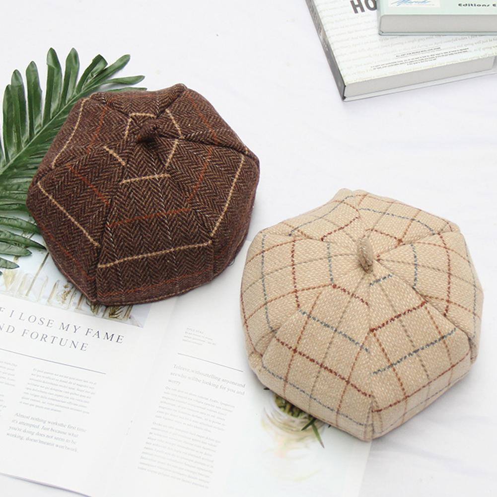 Lady Retro Plaid Beret Double Layer Painter Cap Autumn Winter Warm Berets