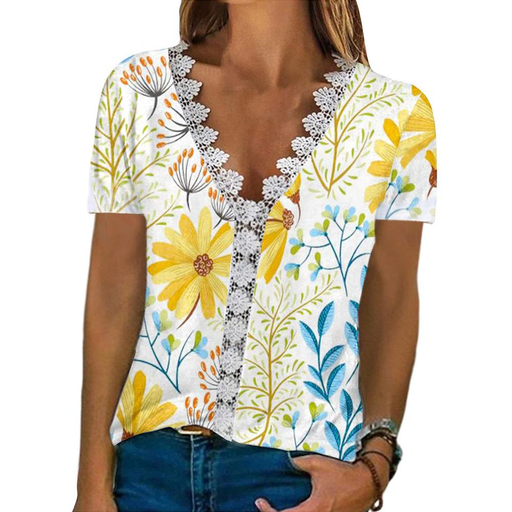 Summer Women's Short Sleeve Tees Elegant Lace V-neck Print Casual Comfortable T-Shirt Female