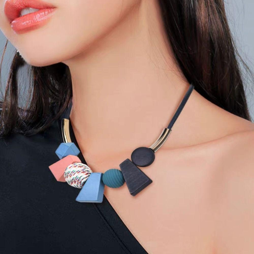 Beads Simple Geometric Necklace Colorful Ethnic Style Necklace Personality Wood Necklace  Daily