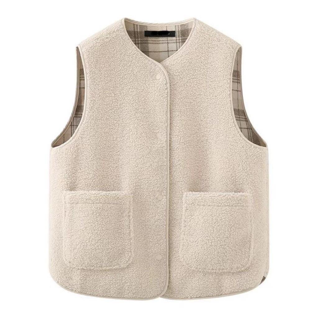Women's  And Winter Plaid Imitation Lamb Wool Waistcoat Round Neck Vest Reversible Grain Fleece Vest