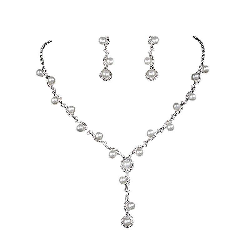 Bridal Accessories, Alloy Elegant Pearl Necklace, Earrings, Jewelry Set, Full Diamond Dress Accessories for Women
