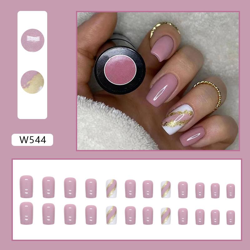Medium and long European square solid color manicure striped gold foil fake nails European and American ins wind sweet wearing nail piece