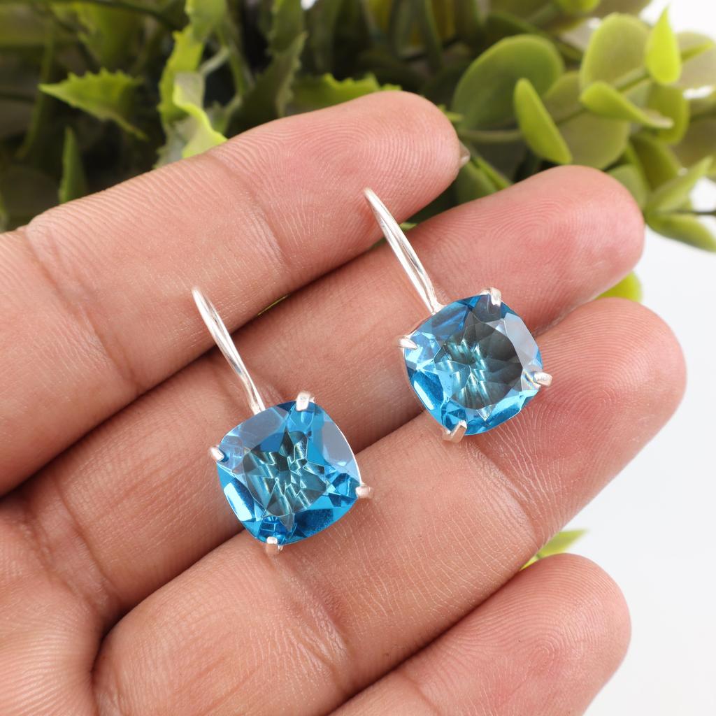 Swiss Blue Topaz Earring Gemstone Earring, 925 Solid Sterling Silver Earrings Jewelry Handmade Earrings, Silver Jewelry For Gift