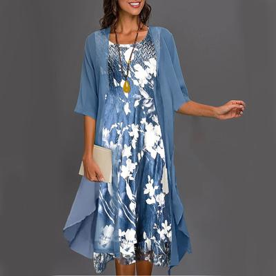 Ladies Tank Top Sleeveless Printed Dress Chiffon Cardigan Set Holiday Dress For Women