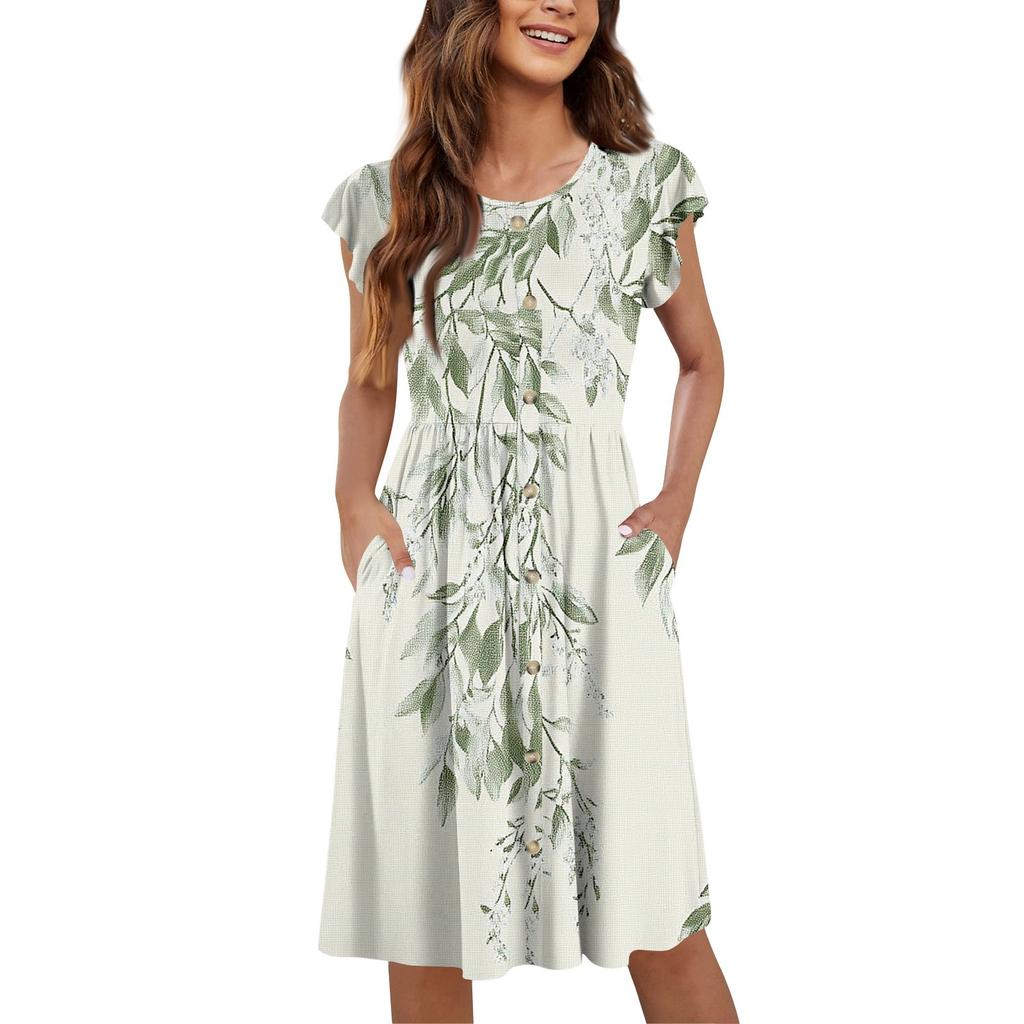 Women's Round Neck Summer Flying Sleeves Casual Fashion Floral Print Loose Button Pocket Midi Dress