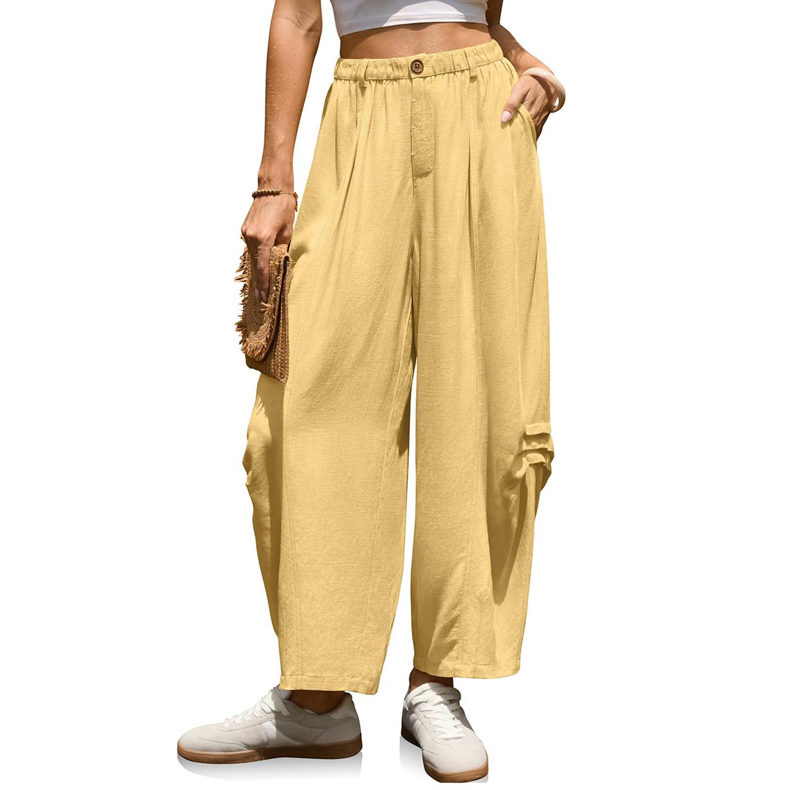 

Women Elastic High Waist Pant Casual Fit Wide Leg Long Pants Trousers With Pockets XL білий