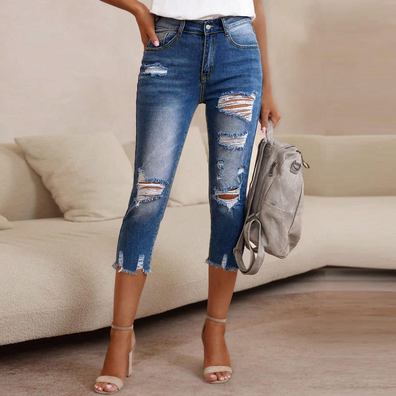 Women s Distressed Ripped Cropped Jeans with Raw Hem, High Waist Stretch Denim Pants for Casual Fashion Style M