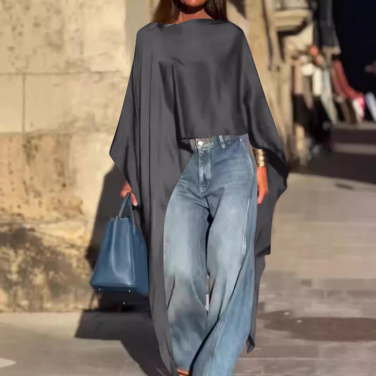 

Женская мода повседневная однотонная футболка с неровным подолом и длинными рукавами M