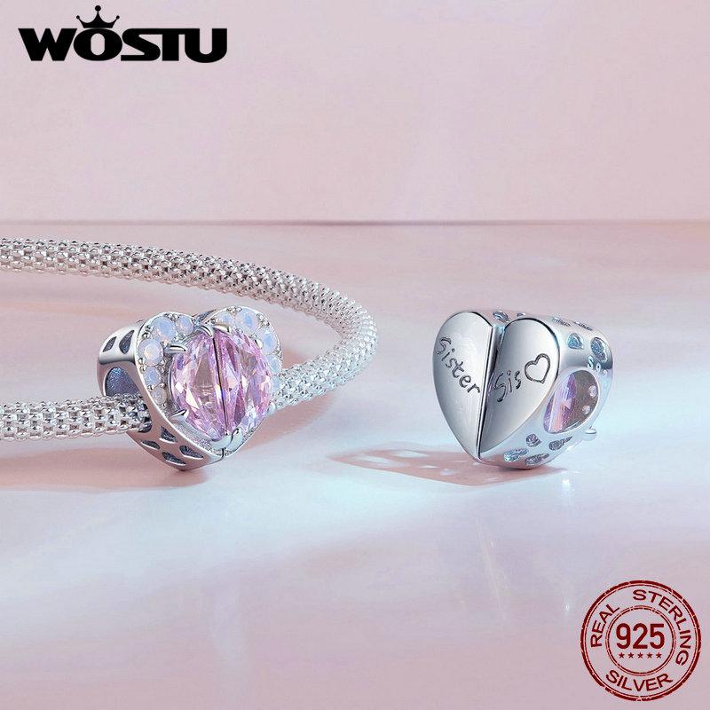 WOSTU 925 Sterling Silver Pink Couple Hearts Charm Star Bear Beads Dolphin Pendants Fit Original Bracelet DIY Jewelry