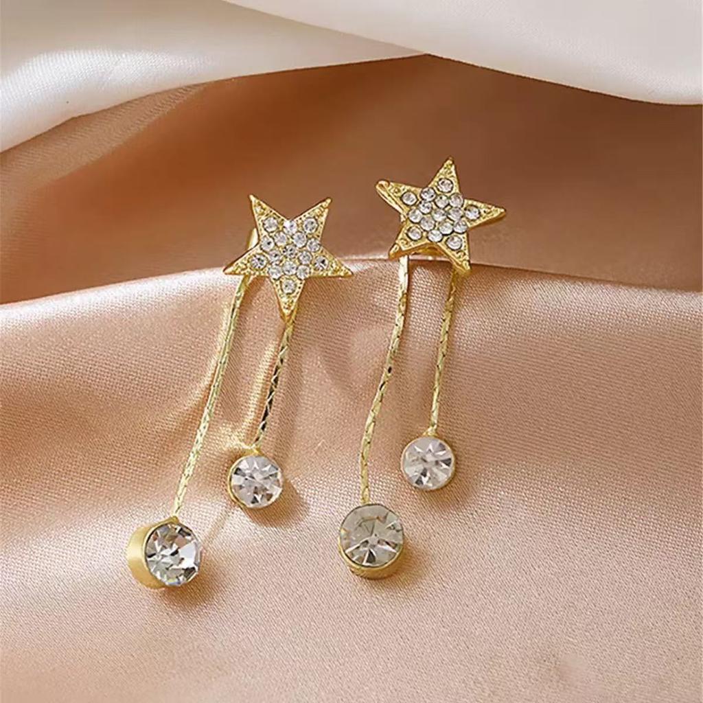 Korean Design Five - Pointed Star Tassel Earrings , Chic Fashion Drop Earrings for Women , Gold Alloy