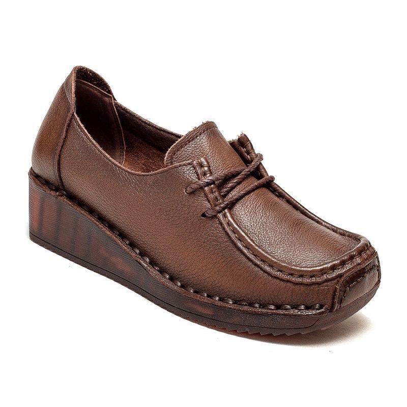 Fashion Women Retro Genuine Leather Flats Sneakers Women Platform Lace Up Flats Shoes Female Wedge Moccasins Woman Casual Shoes