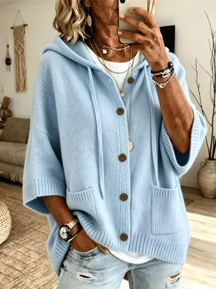2026 Europäischer & Amerikanischer Einfarbiger Gestrickter Kapuzen-Strickjacke – Damen Lässige Herbst-/Wintermode