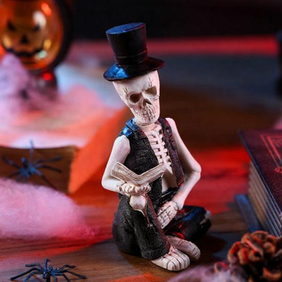 Small Reading Gentleman Skull Figurine Halloween Sitting Skeleton Statue with Top Hat And Suit for Gothic Living Room Table Shelf Indoor Decor