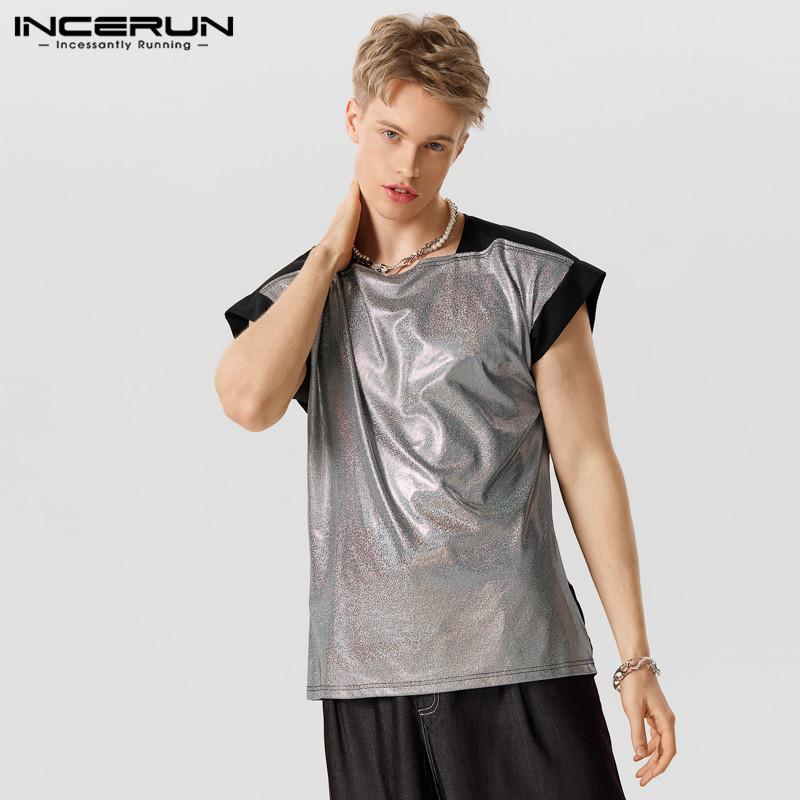 

INCERUN Мужские рубашки в стиле пэчворк с квадратным вырезом и блестящими вставками