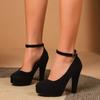 Zapatos de tacón alto negros con hebilla en el tobillo para mujer, tacones de aguja, plataforma, para oficina, sexys, con punta redonda, para fiesta