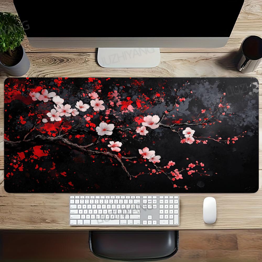 Oriental Ink Red Cherry Blossom Xxl Desk Mat Dark Floral Art NonSlip Rubber Mousepad For Home Office