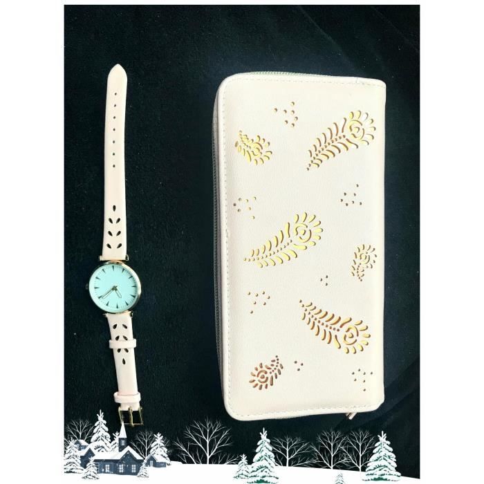 Ensemble porte monnaie et montre - Femme - Rose/beige - Cuir - Analogique - Chic