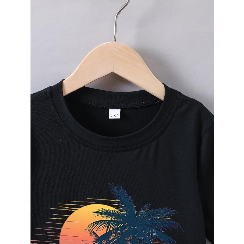European Sizes Boys' Summer Short-Sleeved "Sunset Coconut Tree Beach" Print T-Shirt