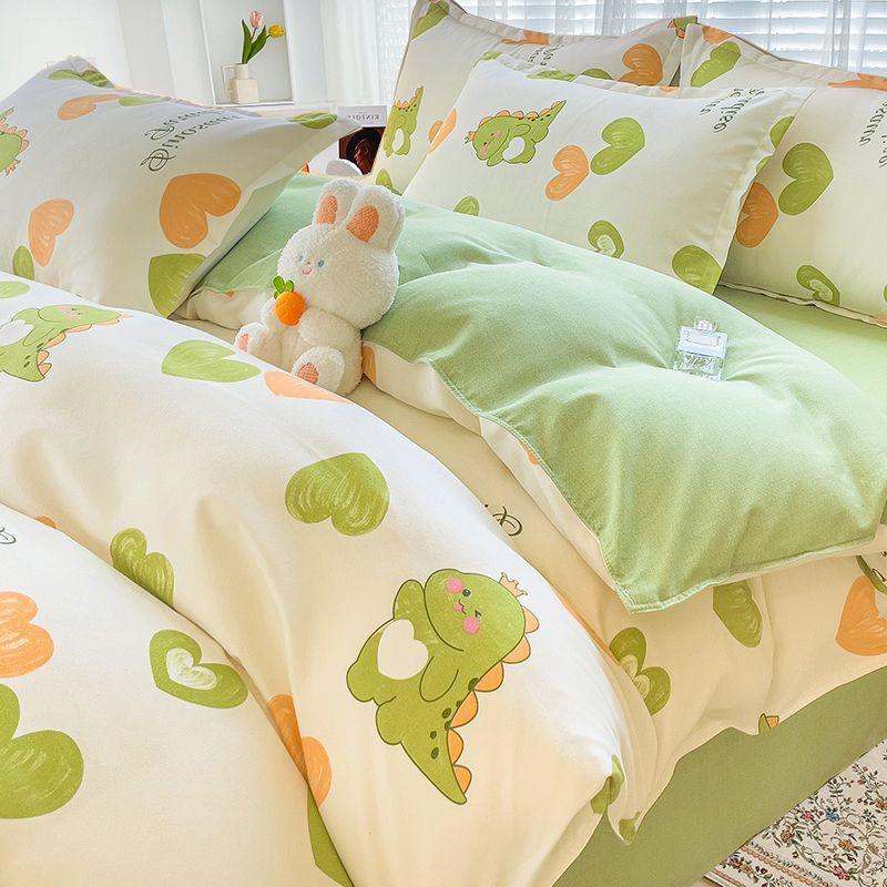 Simple Class A Washed Cotton Four-piece Bedding Set Princess Style Printed Quilt Cover Dormitory Bed Sheet Three-piece Quilt Cover